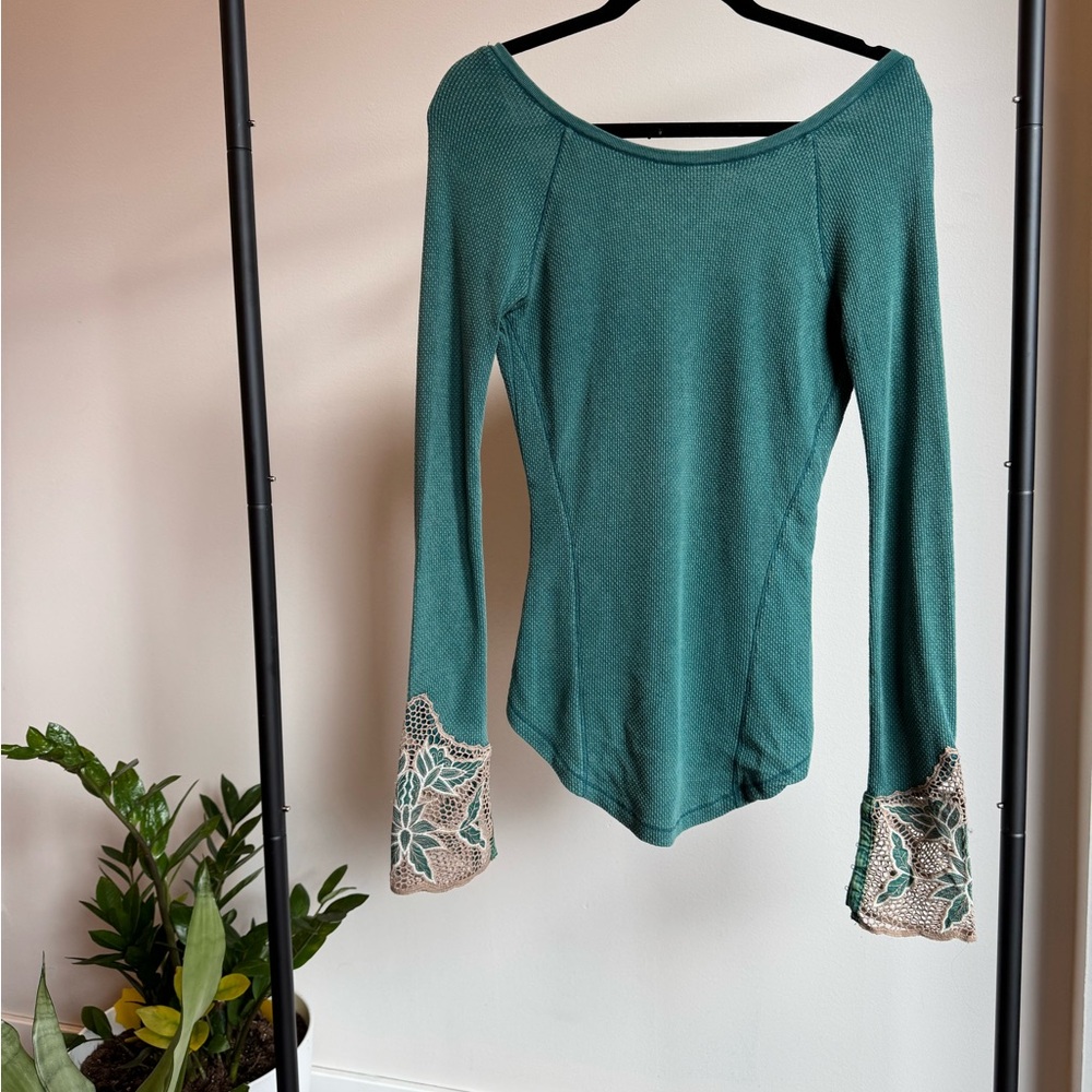 Free People Teal Long Sleeve Top with Lace Detail